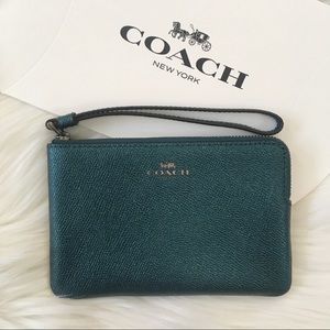 COACH • Metallic Dark Teal Leather Wristlet